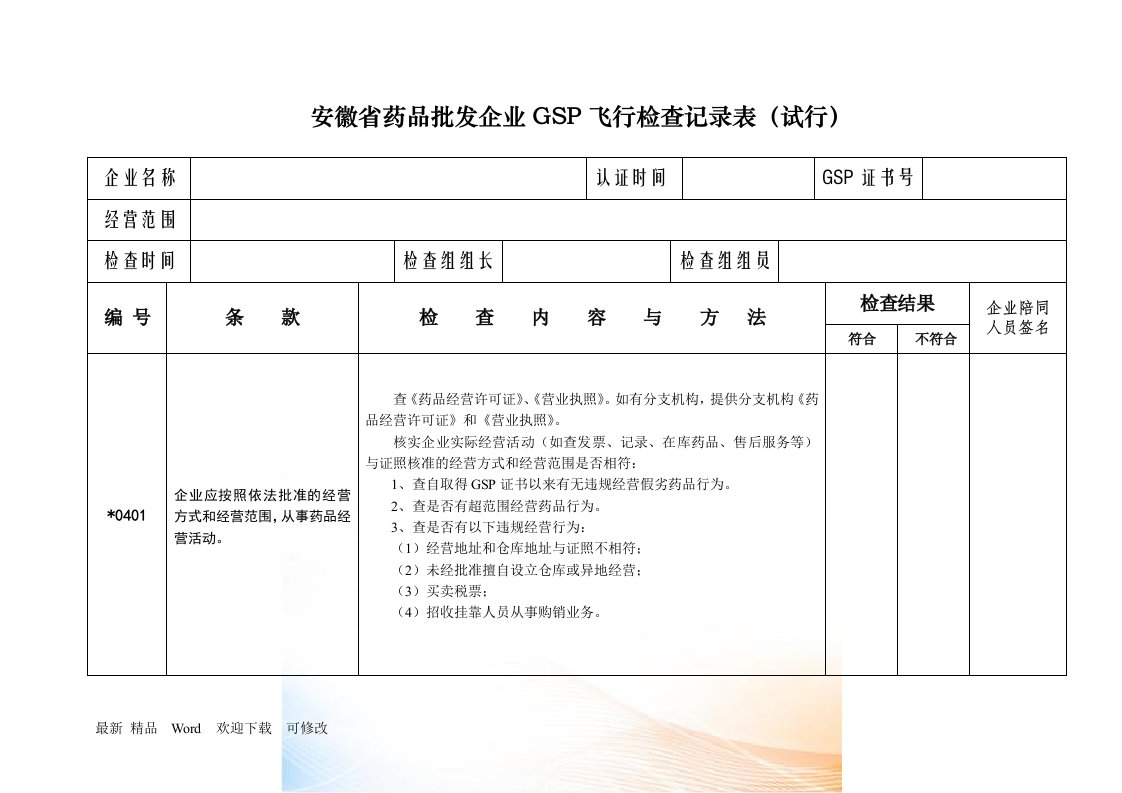 安徽省药品批发企业gsp飞行检查记录表（试行）