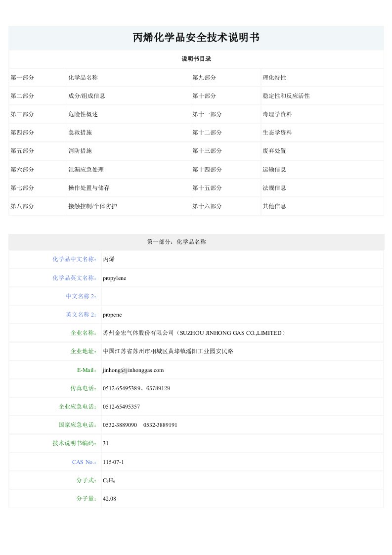 丙烯化学品安全技术说明书