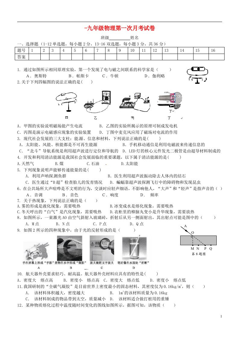 湖南省株洲市醴陵市第七中学九级物理上学期第一次月考试题（无答案）