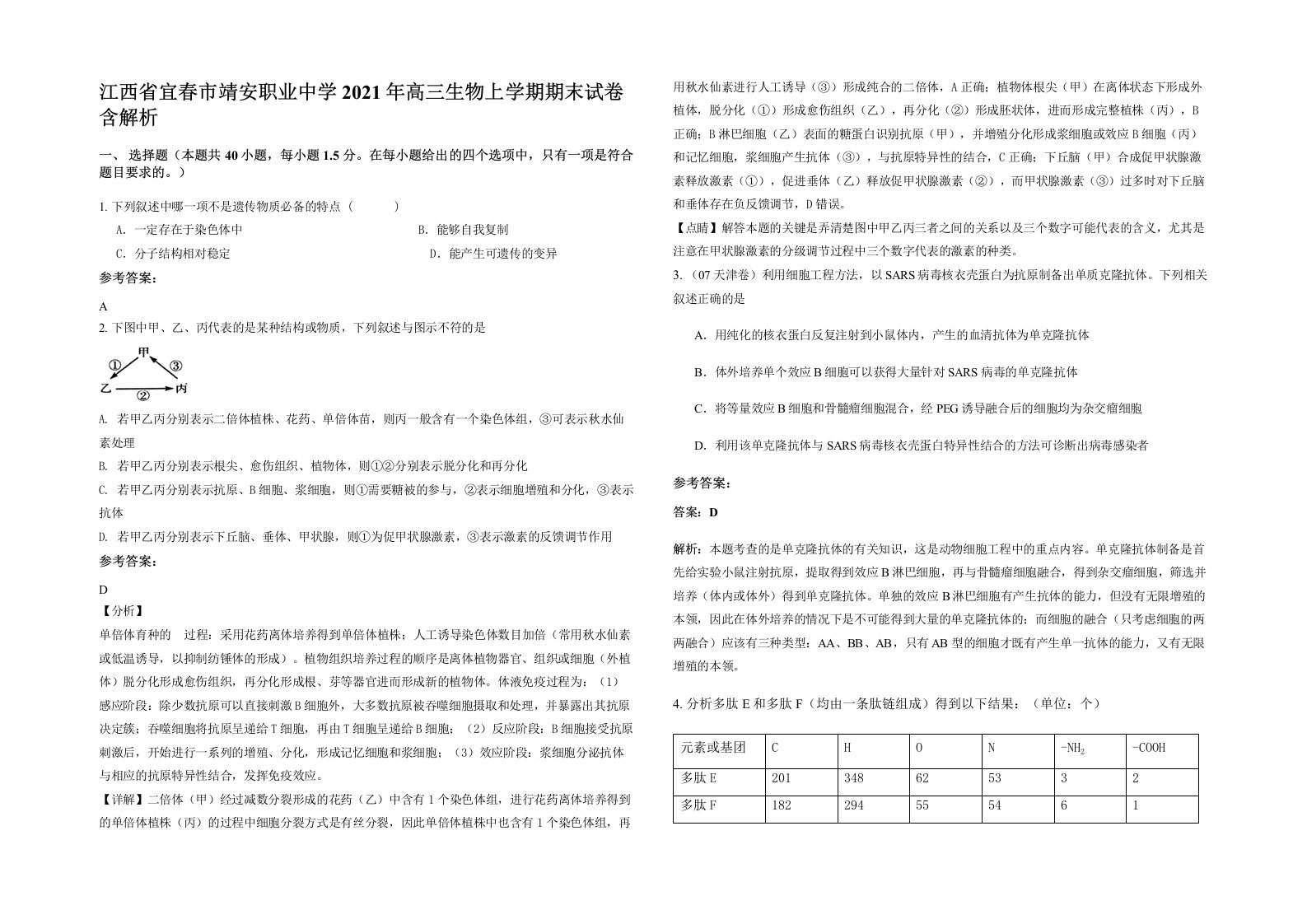 江西省宜春市靖安职业中学2021年高三生物上学期期末试卷含解析