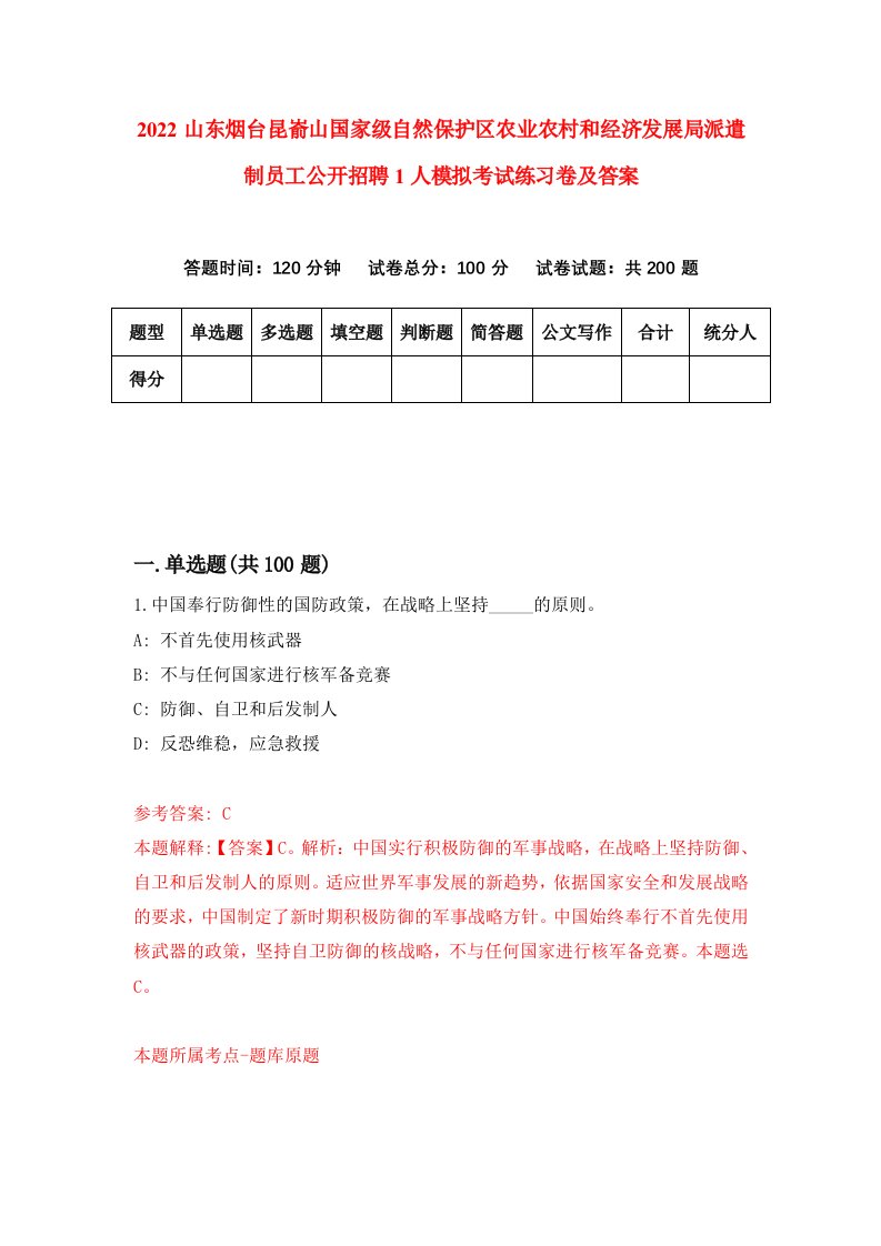 2022山东烟台昆嵛山国家级自然保护区农业农村和经济发展局派遣制员工公开招聘1人模拟考试练习卷及答案（8）