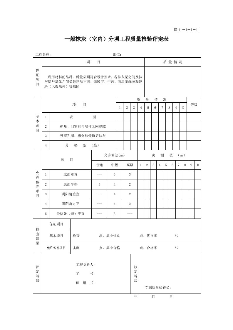 建筑工程-建11111一般抹灰室内分项工程质量检验评定表