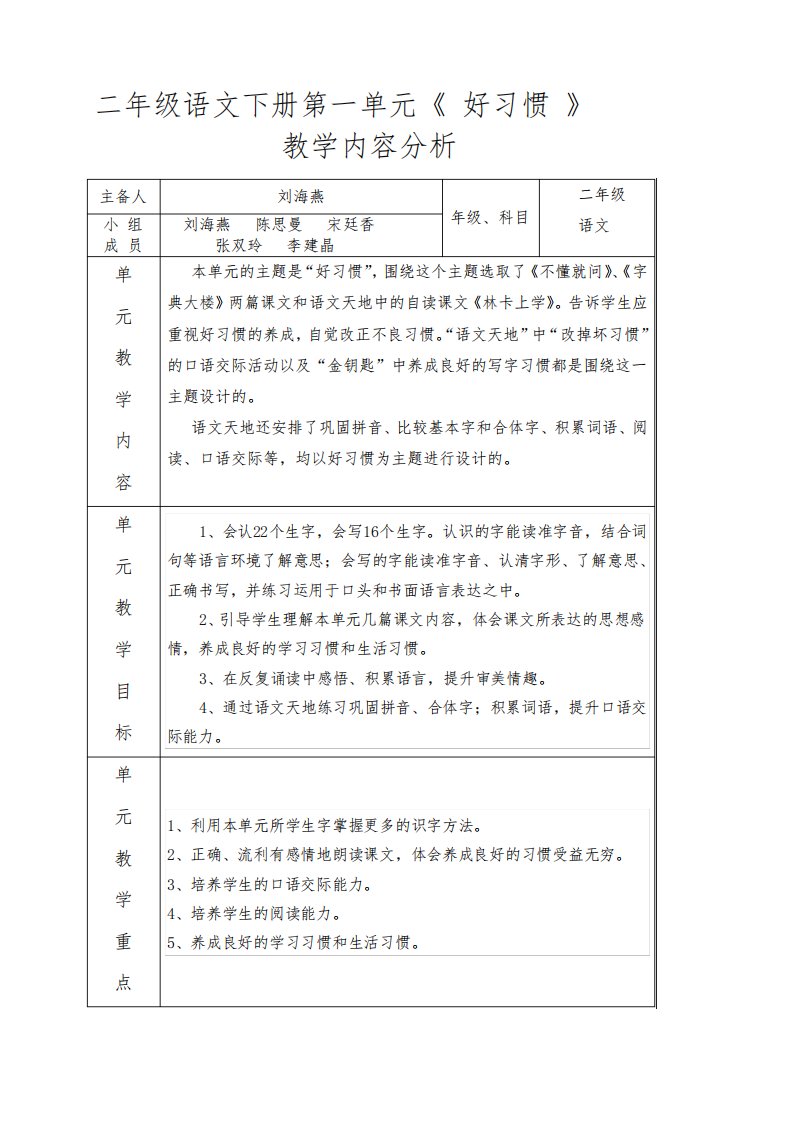 二年级语文下册第一单元集体备课教案