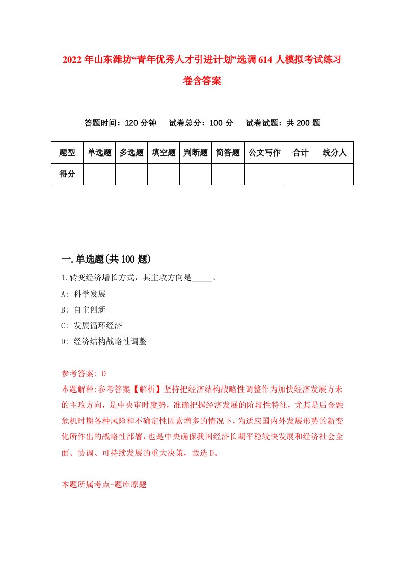 2022年山东潍坊青年优秀人才引进计划选调614人模拟考试练习卷含答案0