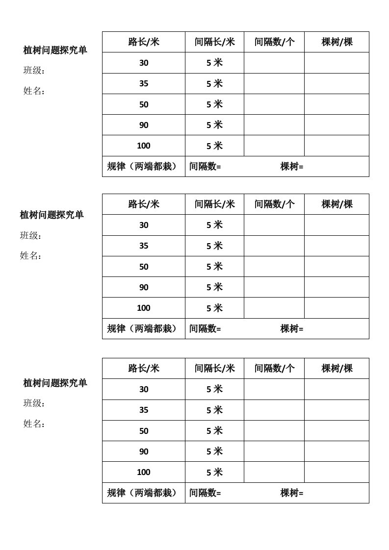 五年级上册植树问题探究单