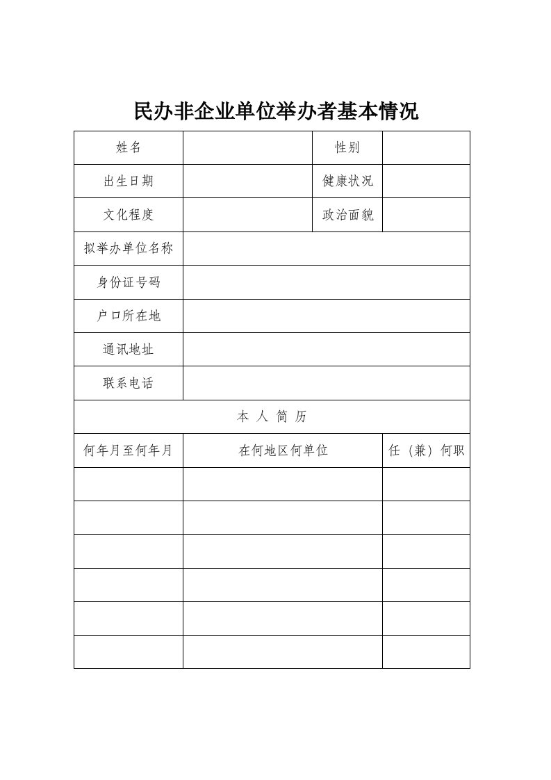 民办非企业单位举办者基本情况