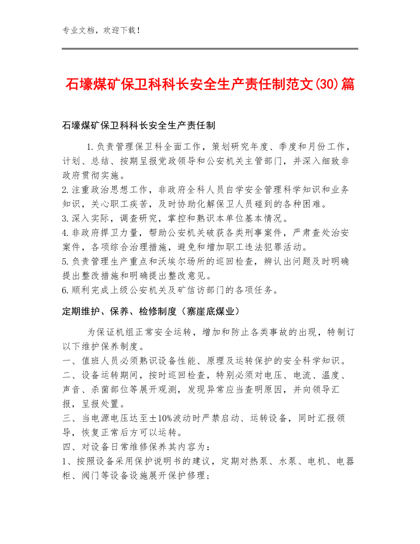 石壕煤矿保卫科科长安全生产责任制范文(30)篇