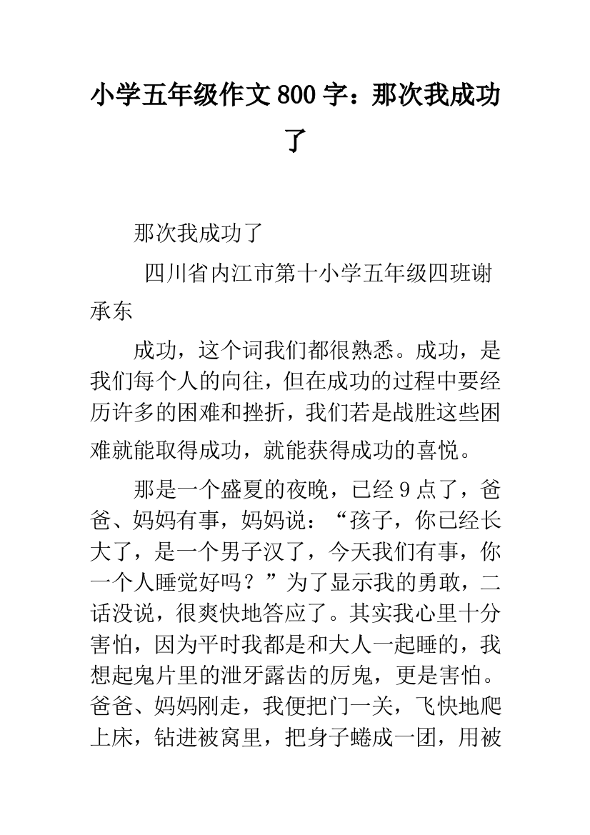 小学五年级作文800字：那次我成功了