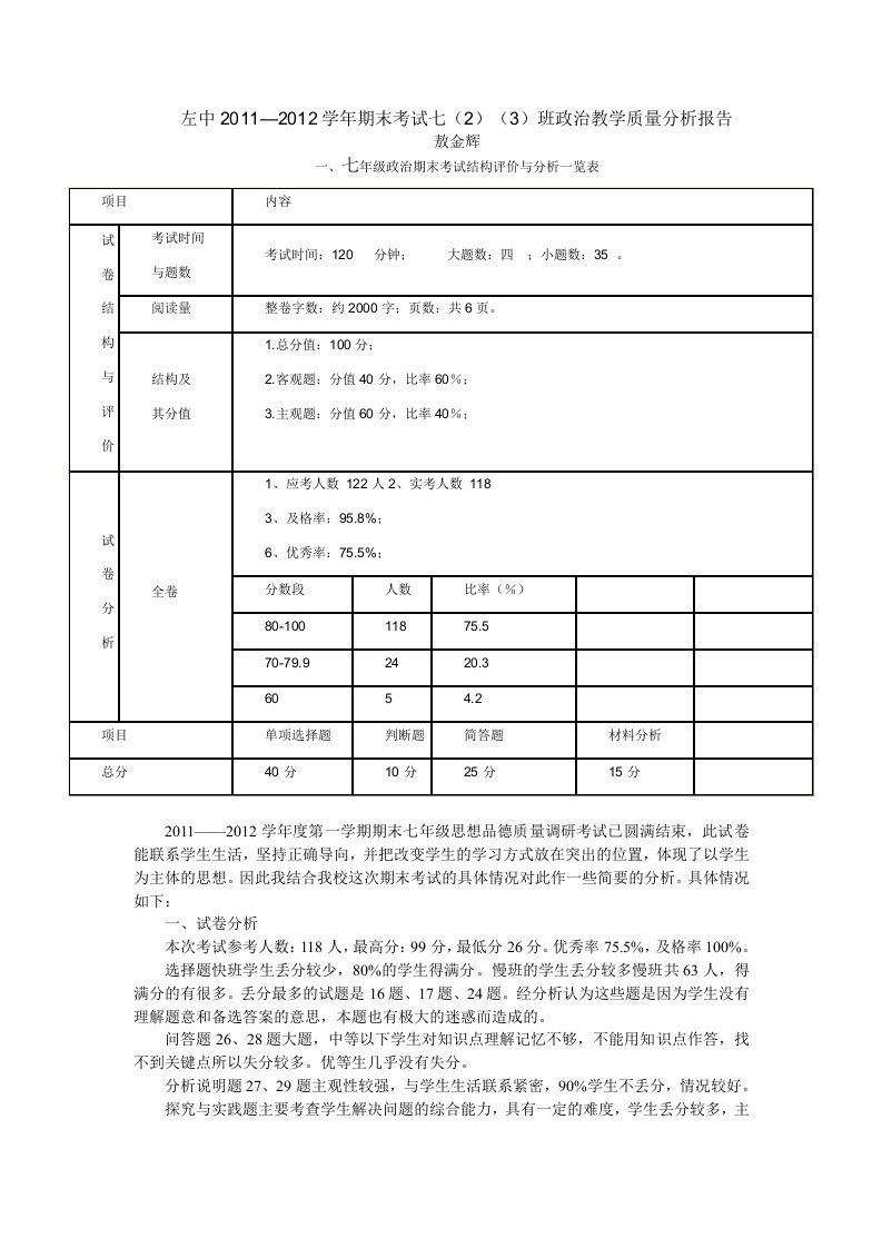 敖金辉七年级思想品德上册期末试卷分析