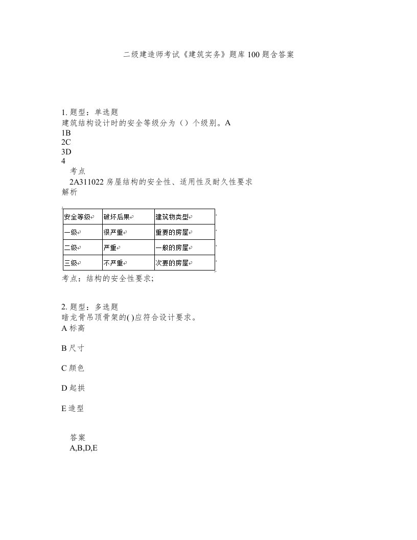 二级建造师考试建筑实务题库100题含答案第740版