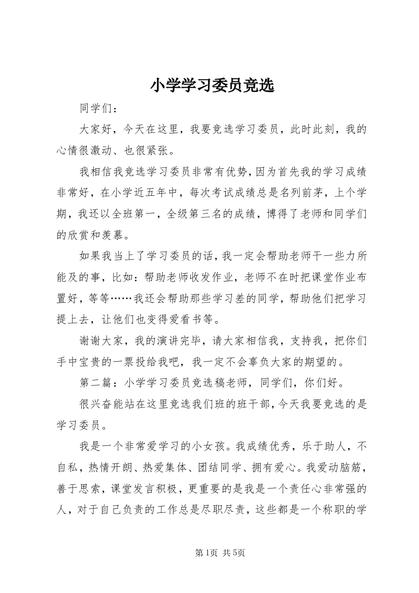 小学学习委员竞选