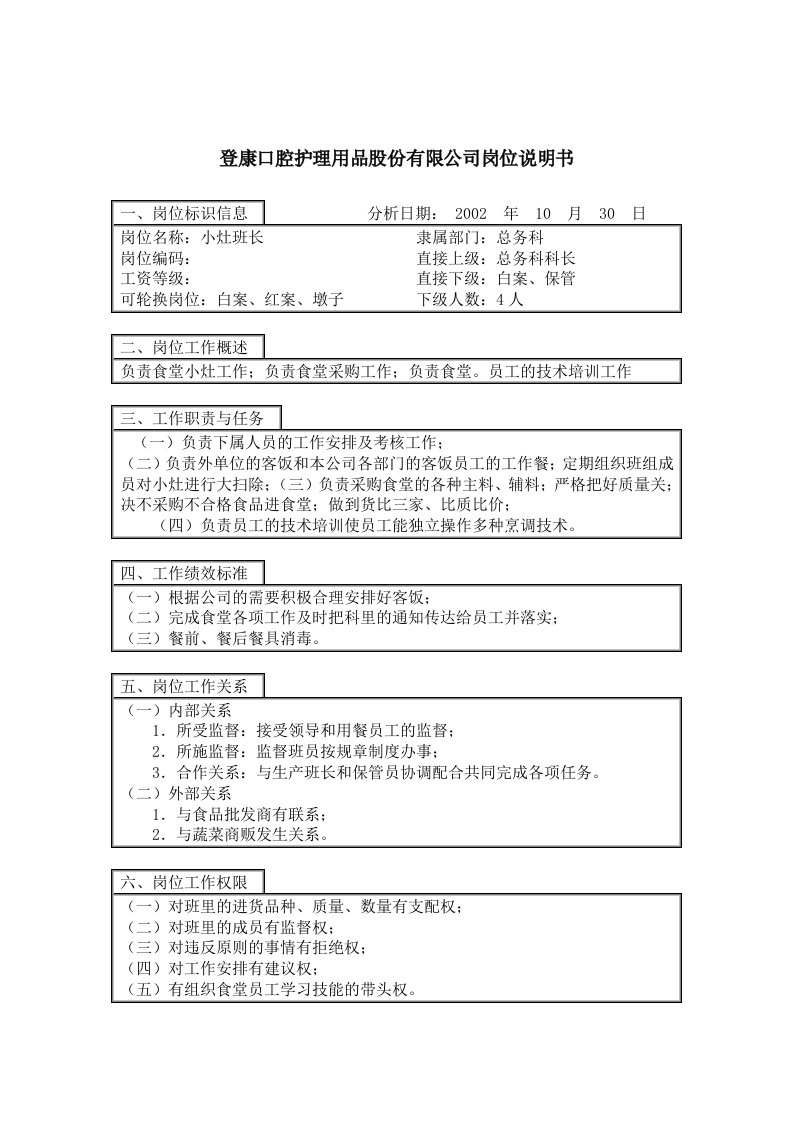 登康口腔护理用品股份有限公司小灶班长岗位说明书