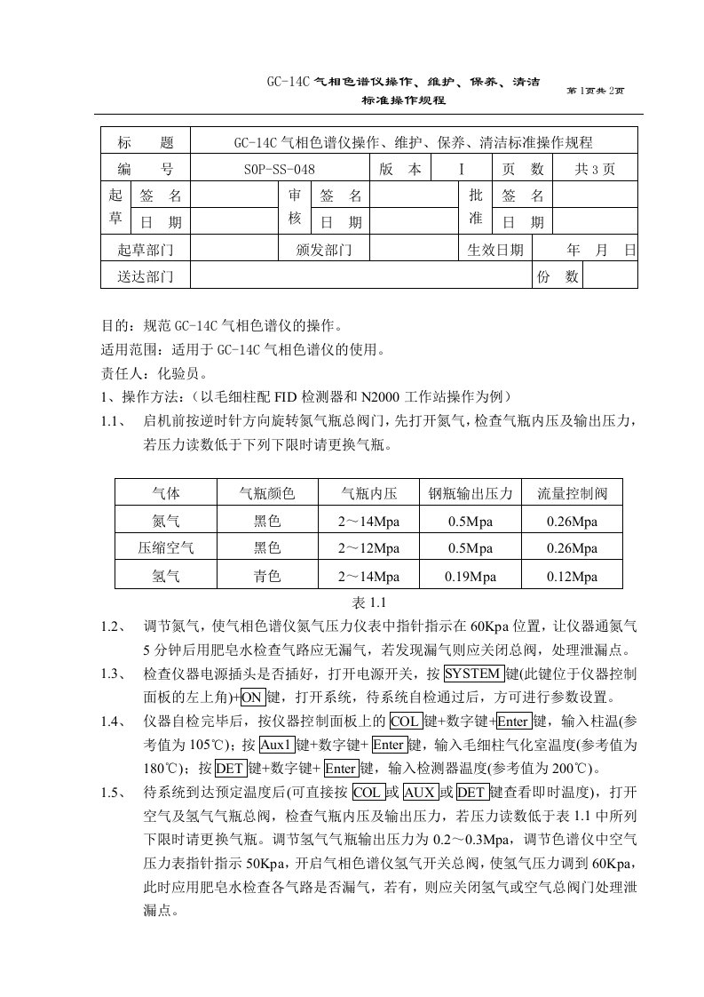 岛津gc-14c气相色谱仪操作、维护、保养、清洁标准操作规程