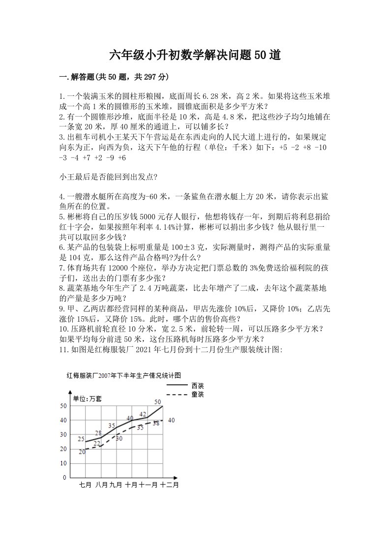 六年级小升初数学解决问题50道精品（历年真题）