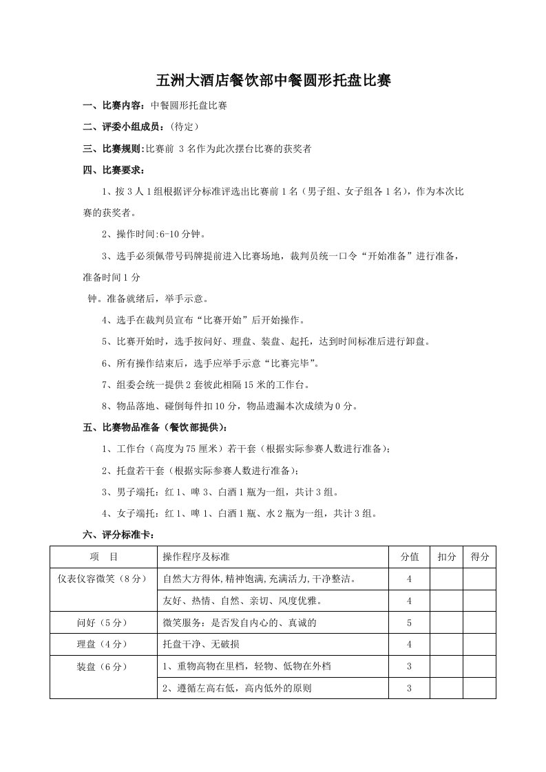 五洲大酒店餐饮部单人托盘比赛规则和评分标准