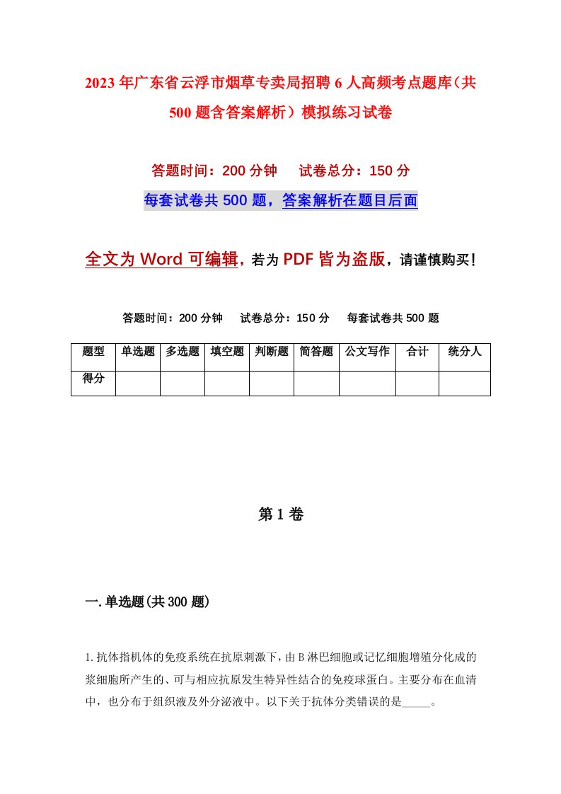 2023年广东省云浮市烟草专卖局招聘6人高频考点题库共500题含答案解析模拟练习试卷