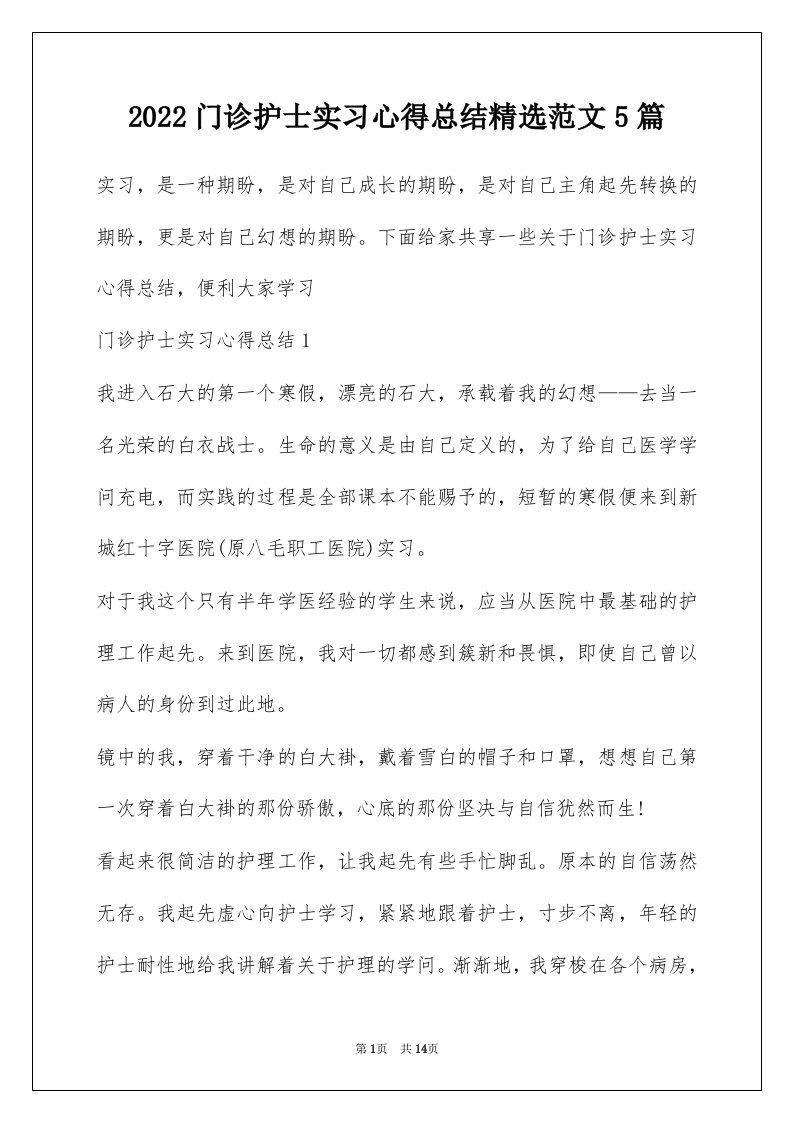 2022门诊护士实习心得总结精选范文5篇