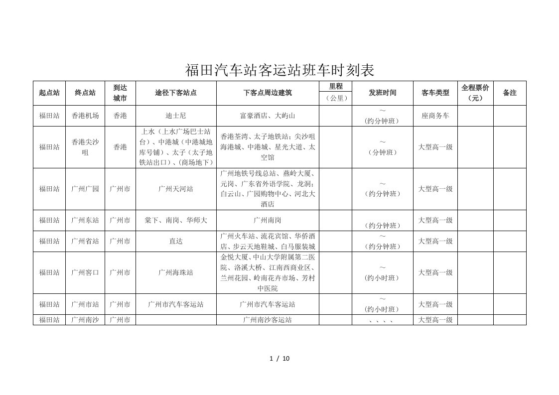 福田汽车站客运站班车时刻表