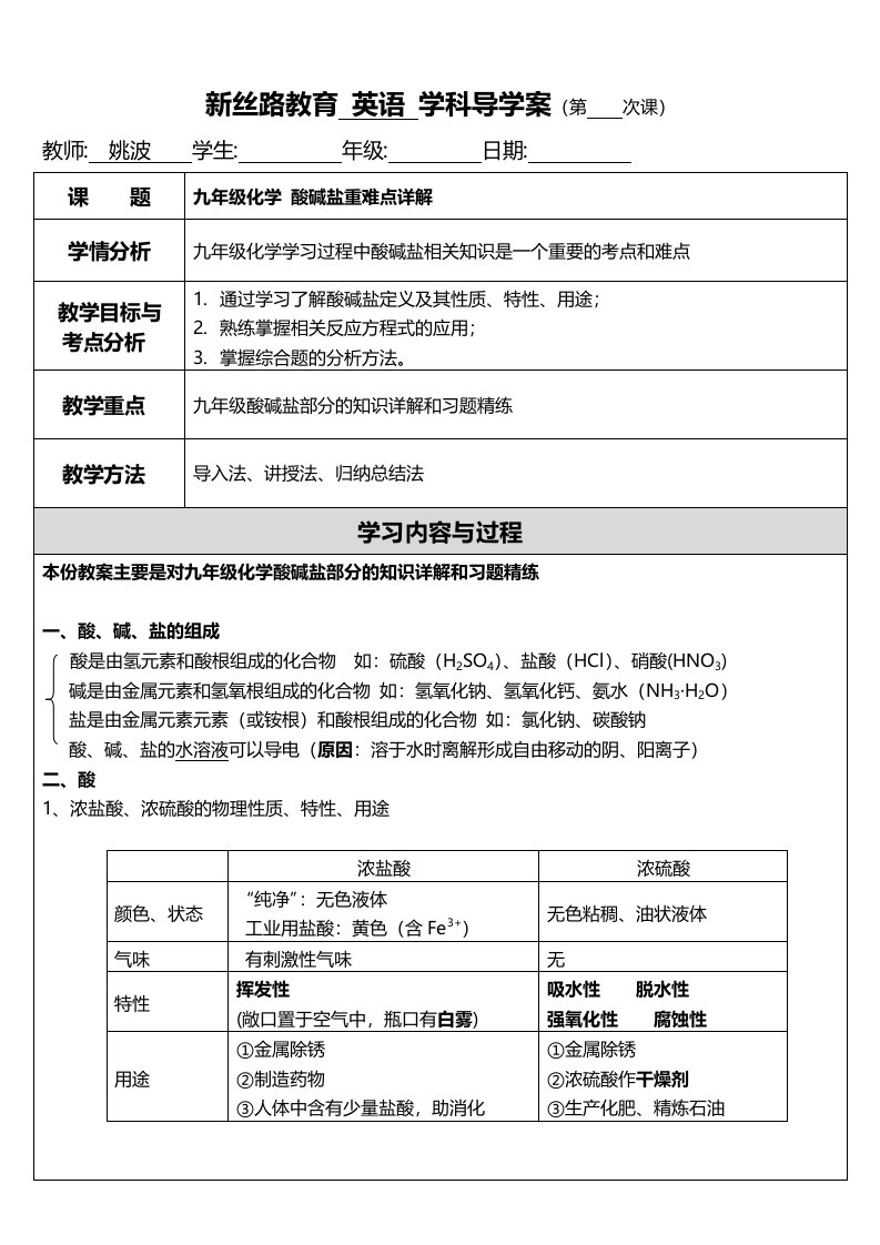 教案九年级化学酸碱盐重难点详解