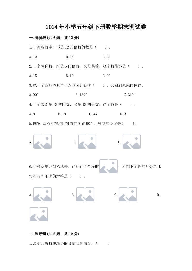 2024年小学五年级下册数学期末测试卷带答案（典型题）