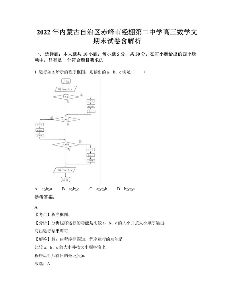 2022年内蒙古自治区赤峰市经棚第二中学高三数学文期末试卷含解析