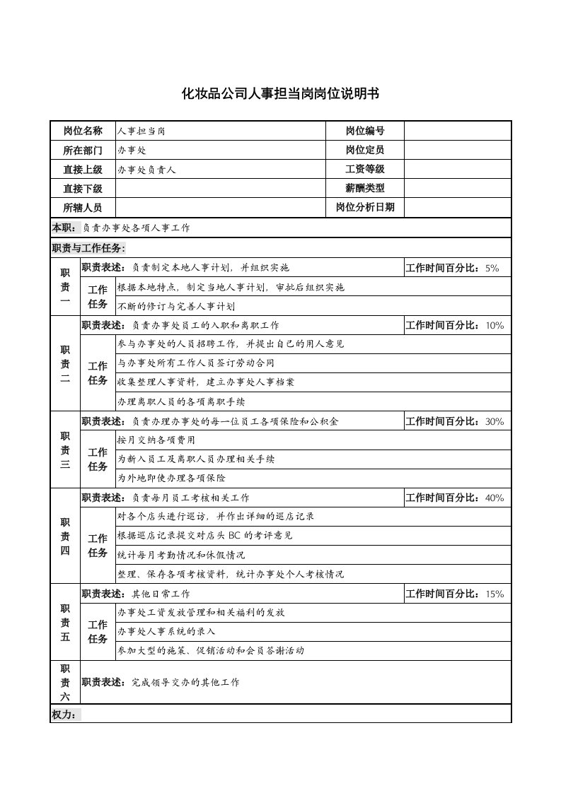 化妆品公司人事担当岗岗位说明书