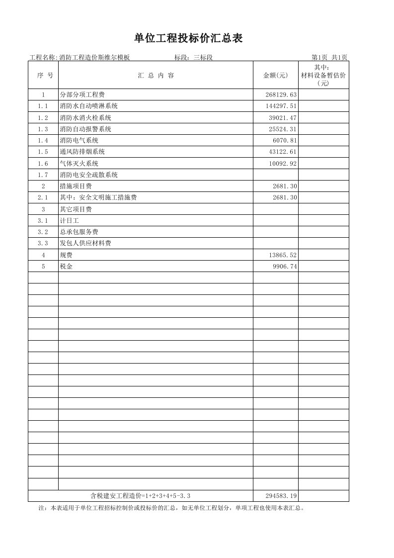 消防工程造价斯维尔模板