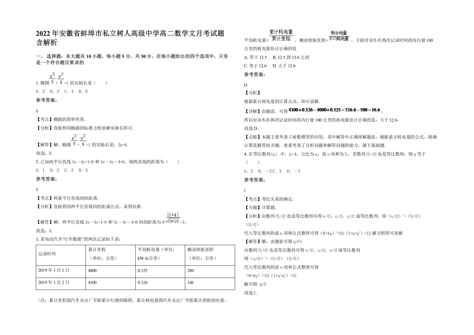 2022年安徽省蚌埠市私立树人高级中学高二数学文月考试题含解析