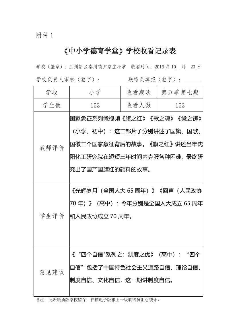 第7期尹家庄小学附件1：《中小学德育学堂》学校收看记录表