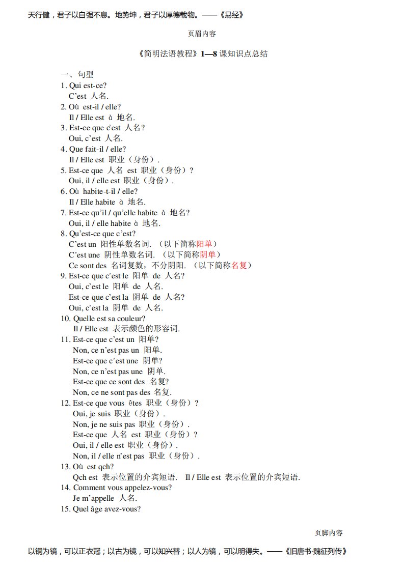 《简明法语教程》1—8课知识点总结(免费)