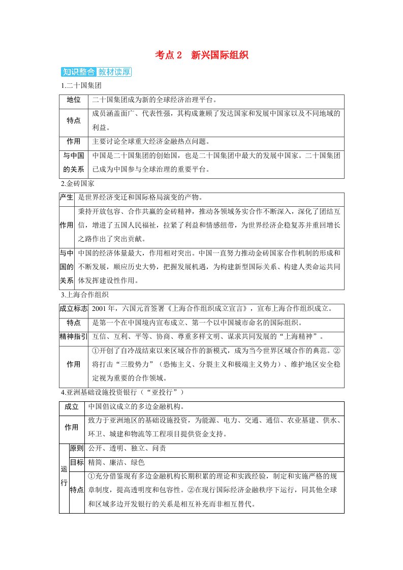 备考2024届高考政治一轮复习讲义选择性必修1第四课国际组织第二课时区域性国际组织和新兴国际组织考点2新兴国际组织