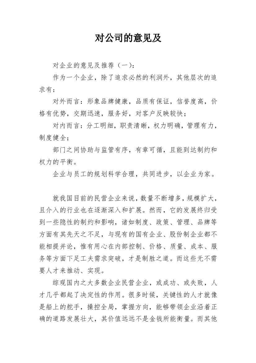 对公司的意见及