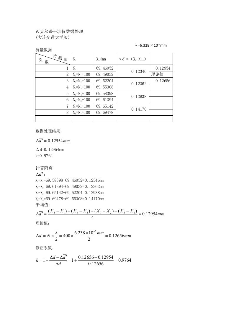 迈克尔逊干涉仪数据处理大连交通大学