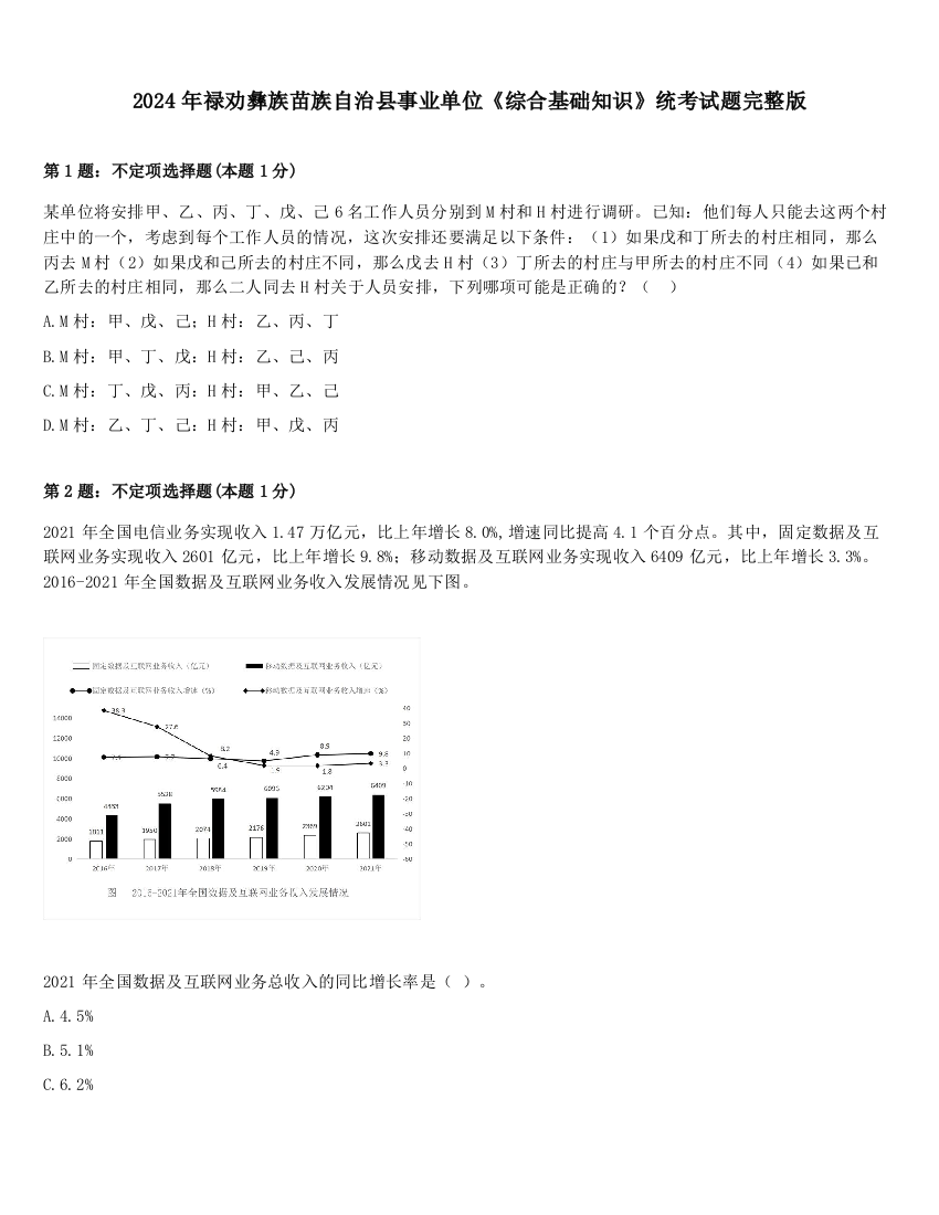 2024年禄劝彝族苗族自治县事业单位《综合基础知识》统考试题完整版