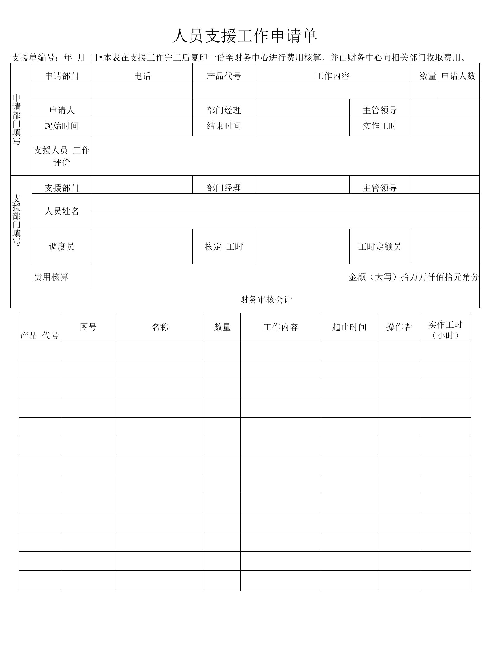 人员支援工作申请单