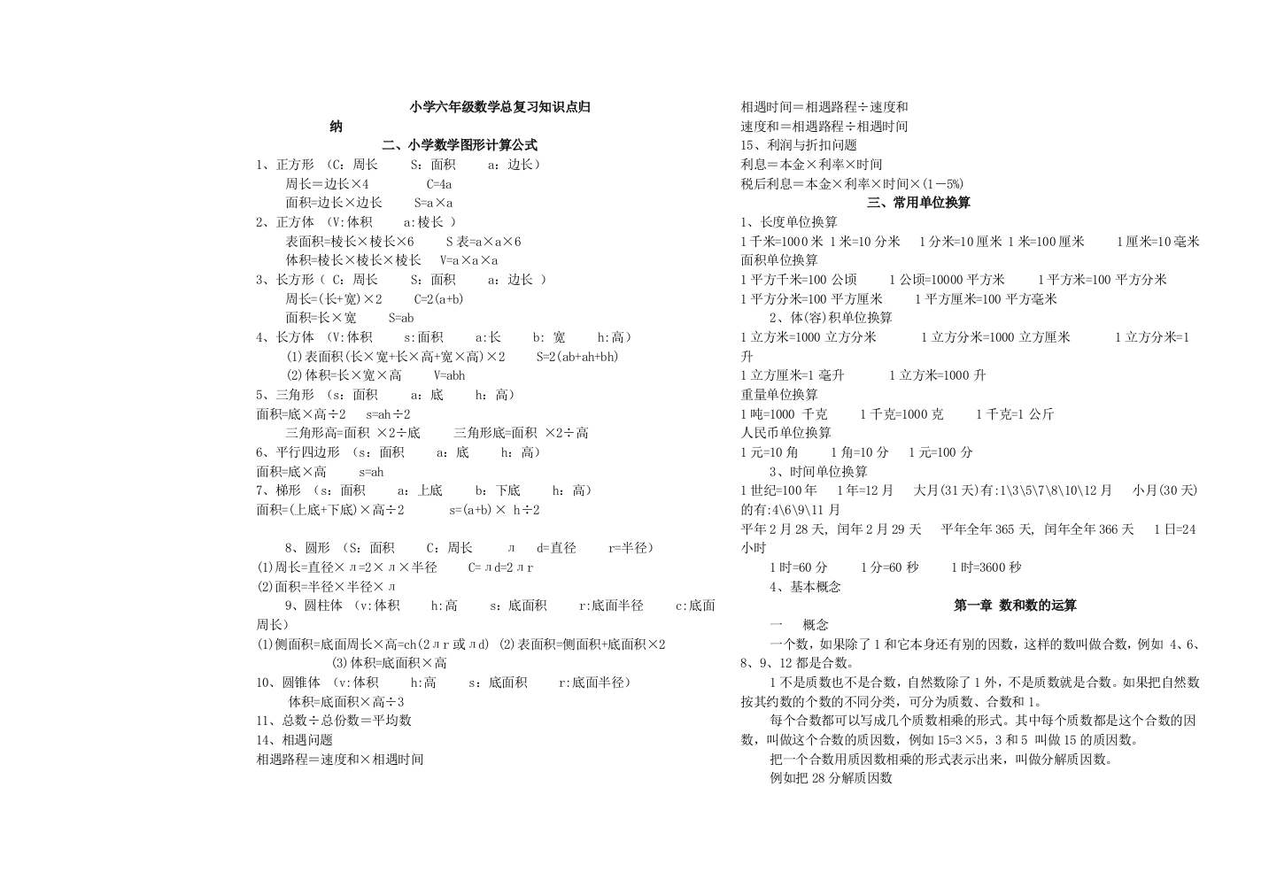 (完整版)小学六年级数学总复习知识点归纳打印-推荐文档