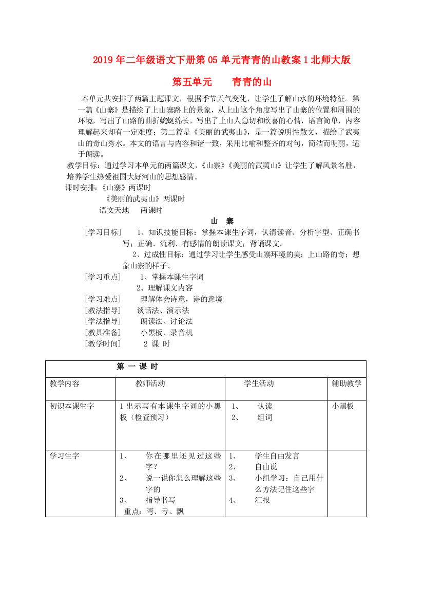 2019年二年级语文下册第05单元青青的山教案1北师大版