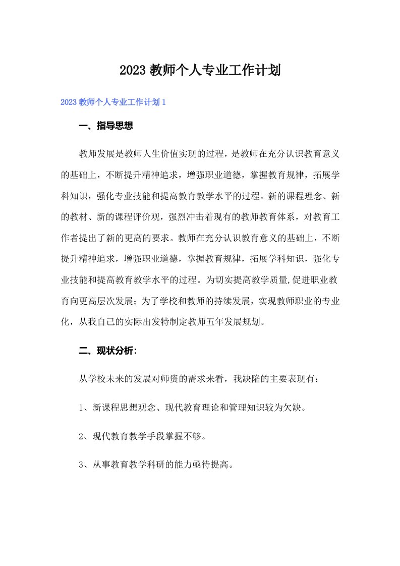 2023教师个人专业工作计划