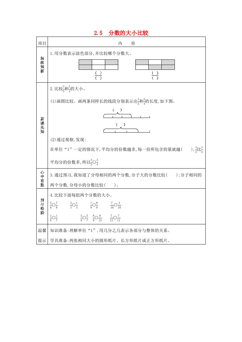 五年级数学下册第二单元分数2.5分数的大小比较学案西师大版202106082228