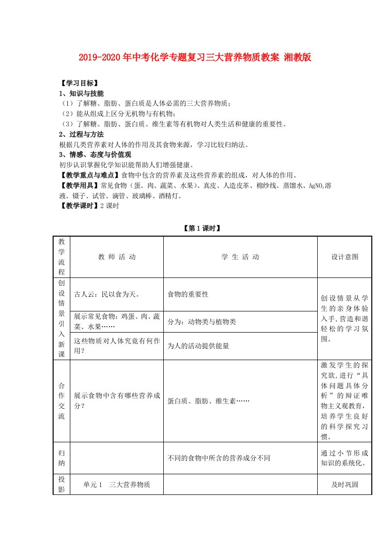 2019-2020年中考化学专题复习三大营养物质教案