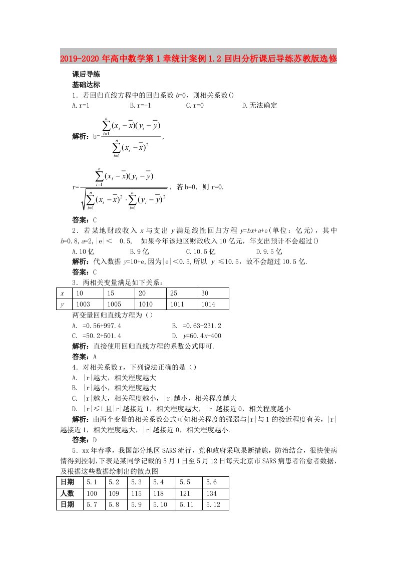 2019-2020年高中数学第1章统计案例1.2回归分析课后导练苏教版选修