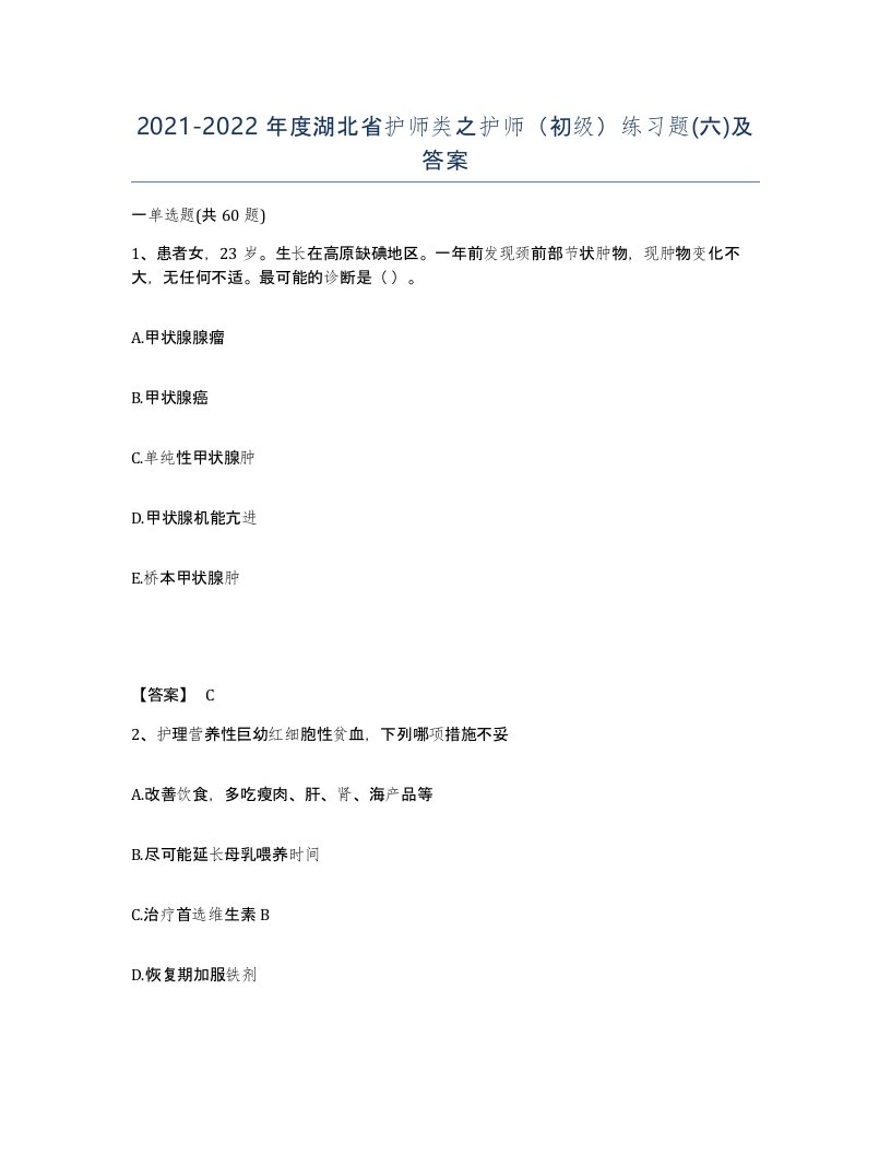 2021-2022年度湖北省护师类之护师初级练习题六及答案