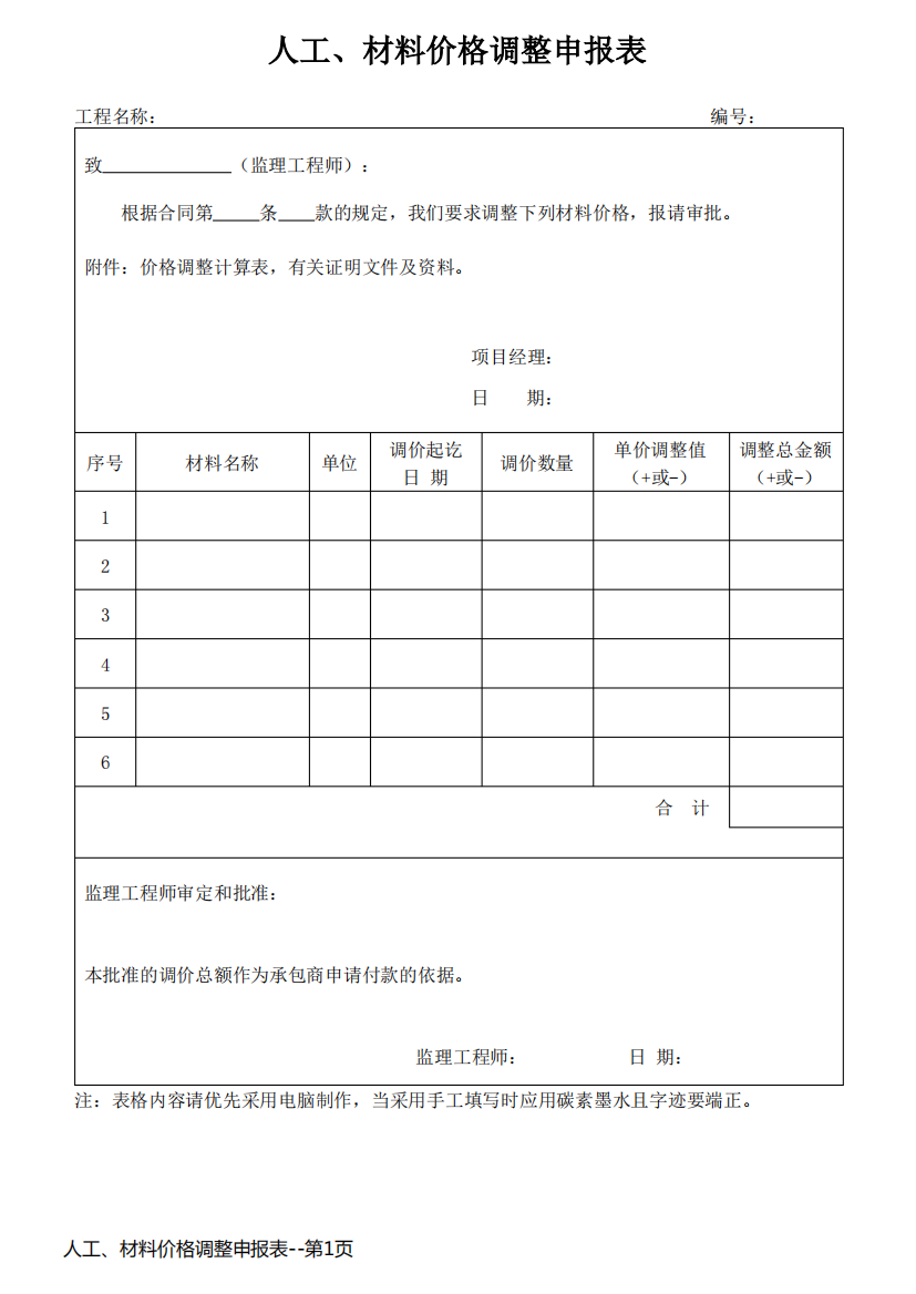 人工、材料价格调整申报表