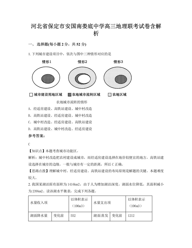 河北省保定市安国南娄底中学高三地理联考试卷含解析