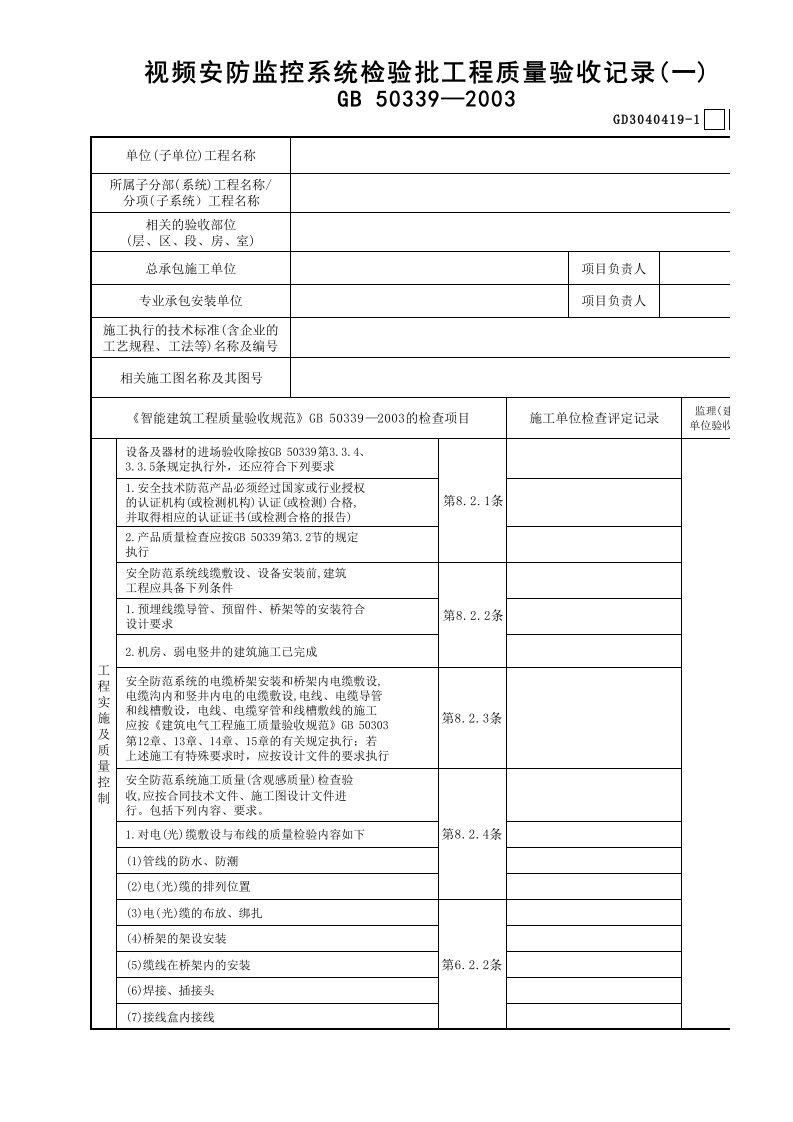 视频安防监控系统检验批工程质量验收记录一