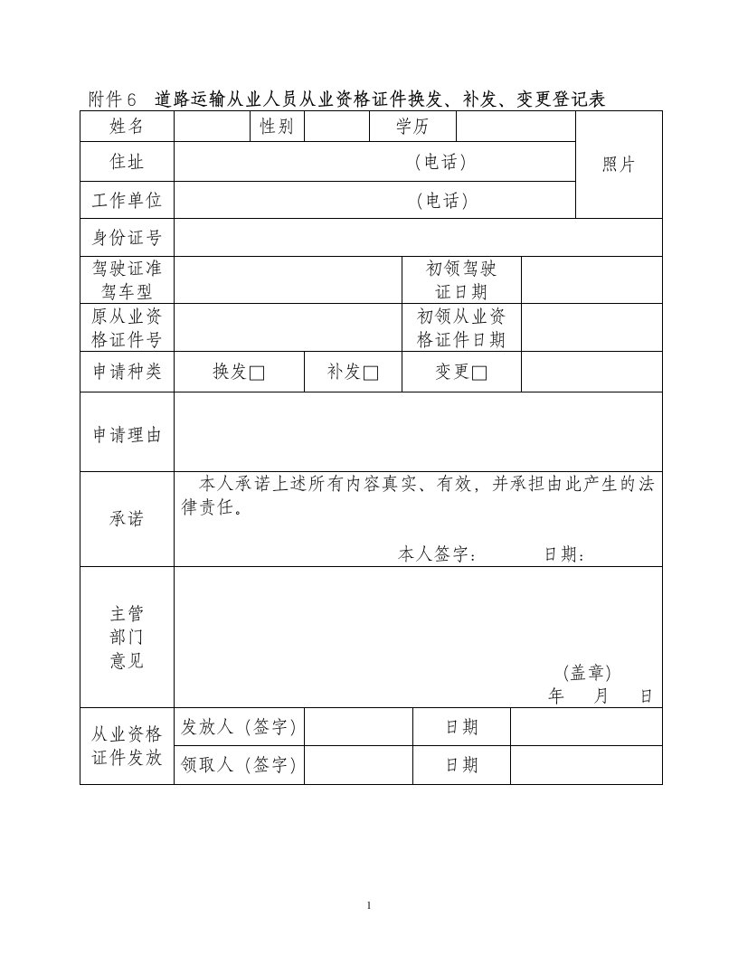 附件6道路运输从业人员从业资格证件换发、补发、变更登记表