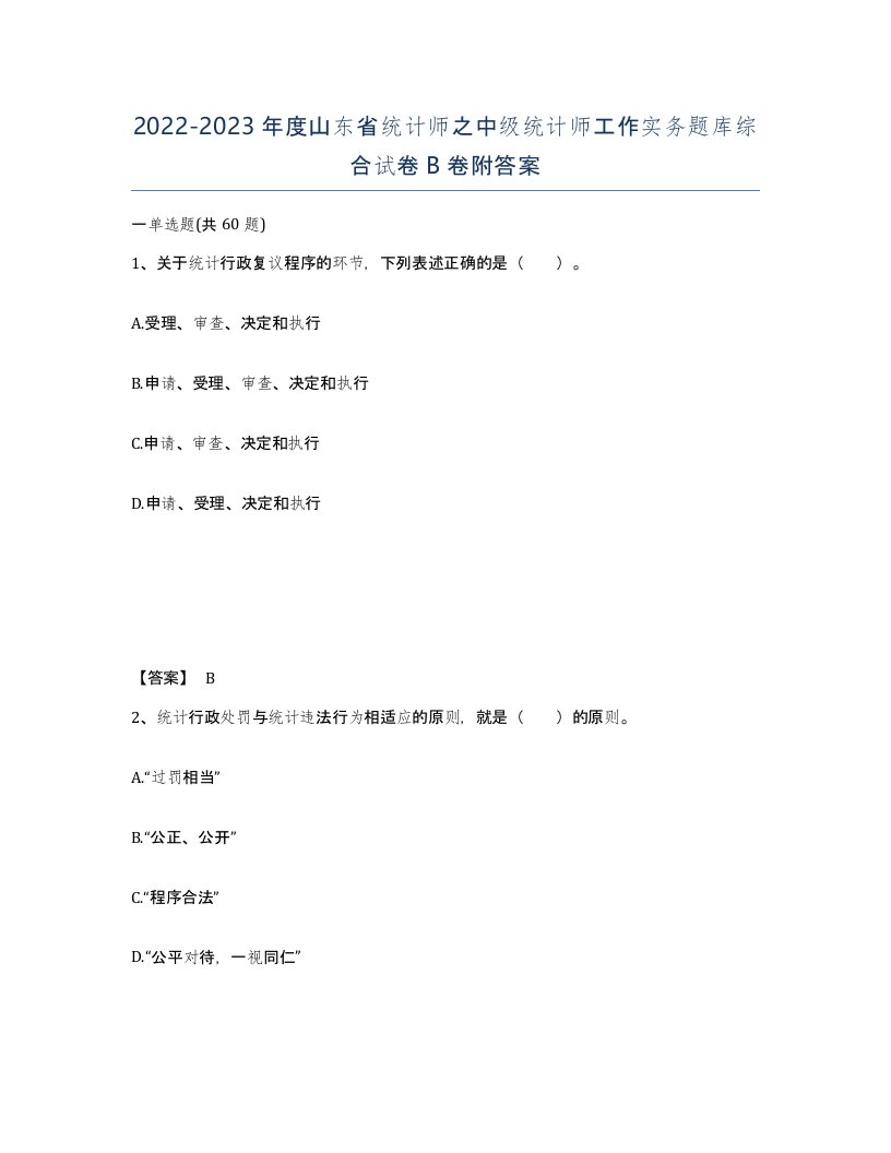 2022-2023年度山东省统计师之中级统计师工作实务题库综合试卷B卷附答案