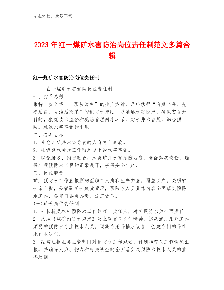 2023年红一煤矿水害防治岗位责任制范文多篇合辑