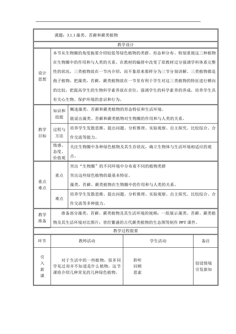 2017秋人教版生物七年级上册3.1.1《藻类、苔藓和蕨类植物》