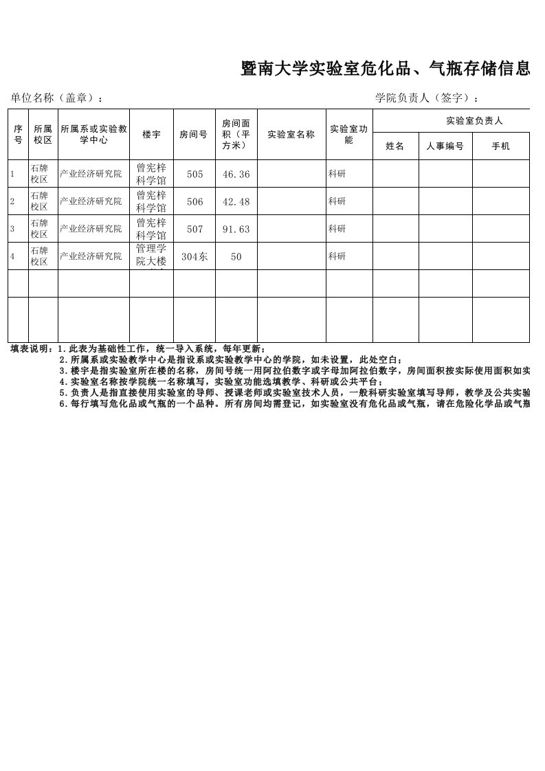 暨南大学实验室危化品、气瓶信息登记表